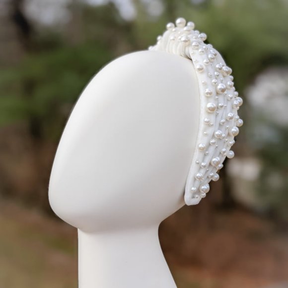 Ivory Pearl Knot Velvet Headband Pearl Beads Handmade Knotted Turban Maximalist main image 10